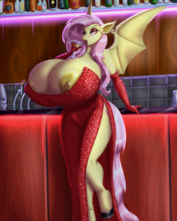anthro anthrofied areola big_breasts biped blush breasts clothed clothing dress eyebrows eyelashes female hair huge_breasts hyper hyper_breasts membrane_(anatomy) membranous_wings nipple_slip nipples pink_hair pupils red_clothing red_dress red_eyes solo thick_thighs wings yellow_body blues64 marauder6272 friendship_is_magic hasbro my_little_pony flutterbat_(mlp) fluttershy_(mlp) bat_pony equid mammal 4:5 absurd_res hi_res