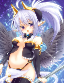 black_wings blush breasts clothed clothing cute_fangs ear_piercing ear_ring fangs feathered_wings feathers female hair horn humanoid_pointy_ears looking_at_viewer not_furry open_mouth piercing pointy_ears purple_eyes ring_piercing smile solo tail teeth white_hair white_tail wings young mofuaki humanoid winged_humanoid 2013 2015 hi_res