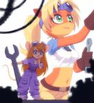 2019 3_toes 5_fingers activision anthro bandicoot barefoot blonde_hair blue_eyes breasts chip_'n_dale_rescue_rangers coco_bandicoot coveralls crash:_mind_over_mutant crash_bandicoot_(series) crossover disney duo eyewear eyewear_on_head feet female fingers fur gadget_hackwrench goggles goggles_on_head green_eyes hair holding_object kempferzero long_hair mammal marsupial midriff mouse multicolored_body multicolored_fur murid murine navel orange_body orange_fur ponytail rodent simple_background size_difference toes tools wrench