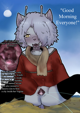 antennae_(anatomy) anthro black_clothing black_legwear black_thigh_highs blush bodily_fluids cervix clothing endosoma female genital_fluids genitals giga group landscape_dwarfing legwear macro magic mountain red_clothing safe_vore scarf shrunken_city text thigh_highs unbirthing vaginal vaginal_fluids vore vulva teruni-inamor alien virelli english_text