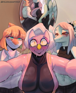amber_eyes anthro big_breasts black_clothing black_dress blonde_hair bodily_fluids bone_frill breast_squish breasts bubble_butt bulging_breasts butt butt_grab clothed clothed_anthro clothing dress elbow_feathers elderly elderly_anthro elderly_female eyelashes eyeliner eyewear feathered_wings feathers female female/female frill_(anatomy) front_view glasses grey_body grey_feathers grey_hair grey_scales group hair halter hand_on_butt hanging_breasts heart_eyes heart_symbol makeup midriff mirror mirror_reflection multicolored_body multicolored_scales natural_breasts navel orange_body orange_scales pink_body pink_scales reflection scales short_hair short_tail side_boob smile snout squish sweat sweatdrop tail teal_eyes text trio two_tone_body two_tone_scales white_body white_scales wings yellow_eyes deadassspider goodbye_volcano_high ko_op_(game_developer) fang_(gvh) mrs._roberts_(gvh) naomi_(gvh) ceratosaurid ceratosaurus dinosaur hadrosaurid ornithischian ornithopod parasaurolophus prehistoric_species pterosaur reptile saurischian scalie theropod 2025 absurd_res artist_name digital_drawing_(artwork) digital_media_(artwork) hi_res watermark nonbinary_(lore)