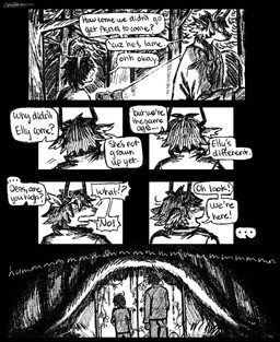 accessory anthro blush bodily_fluids clothing darkness dialogue door duo female flashlight forest headband horn jacket plant shirt sweat sweatdrop text topwear tree young bakedbananners deltarune undertale_(series) dess_holiday kris_dreemurr deer human mammal new_world_deer reindeer 2025 comic english_text hi_res monochrome nonbinary_(lore)