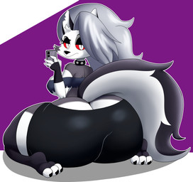 anthro big_butt biped breasts butt cellphone clothed clothing electronics female holding_cellphone holding_object holding_phone huge_butt legwear looking_at_viewer looking_back multicolored_body phone smartphone tail tail_aside thigh_highs topwear white_body mechspazer hellaverse helluva_boss mythology loona_(helluva_boss) canid canid_demon canine demon hellhound mammal mythological_canine mythological_creature hi_res