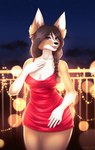 anthro balcony brown_hair clothed clothing dress female hair purple_eyes red_clothing red_dress solo welfi celeste_(art_preben) canid canine canis domestic_dog herding_dog mammal pastoral_dog welsh_corgi hi_res