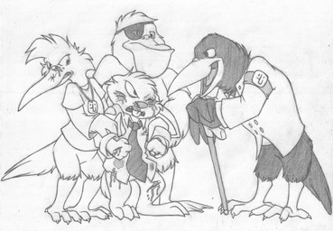 action_scene age_difference angry anthro armband barefoot beak blood bodily_fluids bottomless bruised bruised_eye buckteeth cane clothed clothing digitigrade eye_patch eyewear feet front_view gang group jewelry leaning leaning_forward male necktie nosebleed one_eye_closed open_mouth pendant restrained shirt side_view size_difference standing teeth topwear wounded young young_anthro mizzyam maxy avian bird corvid corvus_(genus) crow lagomorph leporid mammal oscine passerine pelecaniform pelican rabbit unknown_species absurd_res graphite_(artwork) greyscale hi_res monochrome traditional_media_(artwork)