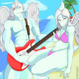 anthro anthro_focus athletic athletic_anthro athletic_male beach bikini biped blurred_background bone_frill breasts cigarette cigarette_in_mouth clothed clothed_anthro clothed_female clothing cloud convenient_censorship crossgender day duo electric_guitar feathered_wings feathers female female_focus fingers frill_(anatomy) front_view ftm_crossgender grey_hair guitar hair holding_guitar holding_musical_instrument holding_object humanoid_hands long_hair looking_aside male medium_breasts musical_instrument navel non-mammal_breasts non-mammal_navel nude_anthro nude_male object_in_mouth orange_eyes outside palm_tree pink_bikini pink_clothing pink_swimwear plant plucked_string_instrument sand sea sitting sky smile standing string_instrument swimwear text tree two-piece_swimsuit water white_body white_feathers wings oblinejoy goodbye_volcano_high ko_op_(game_developer) fang_(gvh) prehistoric_species pterosaur reptile scalie 1:1 2025 artist_name hi_res