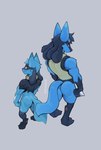 anthro biped black_body black_fur blue_tail bodily_fluids butt closed_smile duo fur grey_background looking_back male mouth_closed multicolored_body muscular muscular_male orange_eyes rear_view simple_background smile standing sweat tail tan_body tan_fur kakhao nintendo pokemon generation_4_pokemon lucario pokemon_(species) riolu 2025 absurd_res digital_media_(artwork) hi_res