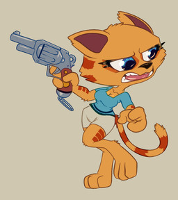 angry anthro bottomwear clothing female fur gun miniskirt orange_body orange_fur ranged_weapon shortstack simple_background skirt solo toony weapon turkojar fur_fighters juliette_(fur_fighters) domestic_cat felid feline felis mammal