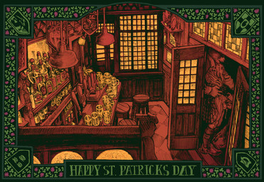 anthro balls bar bodily_fluids bottomwear clothed clothing duo genital_fluids genitals holidays kilt male oral partially_clothed pubes public public_nudity public_sex sex text momamo st._patrick's_day canid canine fox hare lagomorph leporid mammal english_text hi_res
