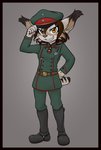 adolescent anthro biped black_body black_border black_fur boots border cheek_tuft clothed clothing cosplay facial_tuft female footwear fully_clothed fur grey_background hat headgear headwear military_uniform multicolored_body multicolored_fur shoes simple_background solo tuft uniform young young_anthro shouk the_saga_of_tanya_the_evil youjo_senki tanya_degurechaff zaire_(nightdancer) felid feline lynx mammal hi_res