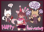 anniversary cake celebration clothing dessert dialogue female food fruit gesture group hand_gesture hat headgear headwear heart_symbol party_hat plant strawberry tail tail_motion tailwag thumbs_up trio ccruelangel madotsuki urotsuki animal_humanoid cat_humanoid felid felid_humanoid feline feline_humanoid human humanoid mammal mammal_humanoid absurd_res hi_res