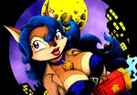 anthro big_breasts blue_hair breasts building choker clothing female gun hair holding_gun holding_object holding_ranged_weapon holding_weapon jacket jewelry lips markings mole_(marking) mole_under_eye moon necklace open_mouth ranged_weapon solo topwear weapon drake_fenwick sly_cooper_(series) sony_corporation sony_interactive_entertainment sucker_punch_productions carmelita_fox canid canine fox mammal 2008