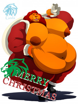 anthro belly big_belly clothing costume fur hair holidays huge_belly male mane mature_male moobs musclegut muscular muscular_male nipples obese obese_male orange_body orange_fur overweight overweight_male red_hair santa_costume solo yellow_sclera godalion christmas disney the_lion_king mufasa felid lion mammal pantherine hi_res