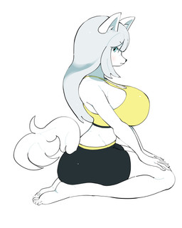 5_toes anthro barefoot big_breasts black_bottomwear black_clothing black_shorts blue_eyes bottomwear breasts butt clothed clothed_anthro clothed_female clothing eyelashes feet female female_anthro fingers fur furgonomic_bottomwear furgonomics grey_hair hair hands_on_legs hands_on_thighs huge_breasts looking_back mouth_closed shirt shorts side_view simple_background solo tail tank_top toes topwear white_background white_body white_ears white_fur white_tail yellow_clothing yellow_shirt yellow_tank_top yellow_topwear abyss_creature_(artist) canid canine mammal 2024 4:5 absurd_res digital_drawing_(artwork) digital_media_(artwork) full-length_portrait hi_res portrait