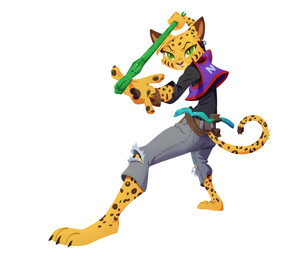 3_toes action_pose anthro arnis barefoot belt bottomwear bracelet clothing collar curled_tail denim denim_bottomwear denim_clothing ear_piercing ear_ring facial_markings feet female fur green_eyes head_markings head_tuft holding_object holding_weapon jeans jersey jewelry long_sleeve_shirt long_tail markings onomatopoeia pants pawpads piercing pointy_ears pose pupils ring_piercing shirt simple_background slit_pupils solo sound_effects spots spotted_body spotted_fur striped_markings stripes tail text toes topwear torn_bottomwear torn_clothing torn_jeans torn_pants tuft weapon yellow_body yellow_fur ruffu pepper_in_the_sandbox pepper_(ruffu) felid feline mammal serval digital_media_(artwork) digital_painting_(artwork) hi_res painting_(artwork)