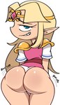 2022 blonde_hair butt clothing elf female hair hi_res humanoid humanoid_pointy_ears hylian light_body light_skin long_hair looking_at_viewer looking_back looking_back_at_viewer nintendo not_furry panties princess_zelda simple_background smug solo sound_effects the_legend_of_zelda underwear vilepluff
