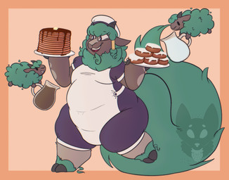 2_toes ambiguous_anthro ambiguous_feral ambiguous_gender anthro apron baker barefoot belly big_belly big_tail biped bodysuit brown_body brown_ears brown_fur cinnamon_bun clothing cloven_hooves eyewear feet feral fetlocks fluffy fluffy_tail food fur glasses green_body green_fur green_wool group happy hat headgear headwear holding_food holding_object holding_plate hooves larger_anthro larger_male male male_anthro moobs overweight overweight_anthro overweight_male pancake pancake_stack pastry pitcher plate purple_bodysuit purple_clothing purple_skinsuit quadruped rectangular_glasses size_difference skinsuit smaller_ambiguous smaller_feral tail tight_clothing toes trio white_apron white_clothing white_hat white_headwear wool_(fur) wool_hair strawberrymilkdog cirro_(cirronaja) bovid caprine mammal sheep 2022 hi_res watermark