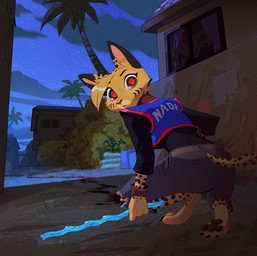 3_toes anthro arnis barefoot big_pupils blood_trail bottomwear bracelet building clothing collar crouching denim denim_bottomwear denim_clothing detailed_background dilated_pupils facial_markings feet female fur green_eyes head_markings head_tuft holding_object holding_weapon house jeans jersey jewelry long_sleeve_shirt looking_at_viewer looking_back looking_back_at_viewer markings night palm_tree pants pawpads plant pointy_ears pupils rear_view red_pupils shirt shrub solo spots spotted_body spotted_fur striped_markings stripes tail text toes topwear torn_bottomwear torn_clothing torn_jeans torn_pants tree tuft weapon yellow_body yellow_fur ruffu pepper_(ruffu) felid feline mammal serval digital_drawing_(artwork) digital_media_(artwork)