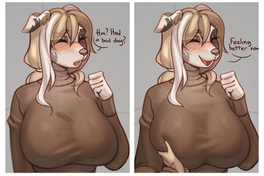 anthro big_breasts biped breast_squish breasts clothed clothed_anthro clothed_female clothing dialogue disembodied_hand duo eyebrows eyes_closed female female_anthro fingers grey_background guided_breast_grab hair huge_breasts open_mouth open_smile question_mark simple_background smile solo speech_bubble squish standing sweater text topwear white_body hyattlen canid canine canis domestic_dog mammal 2025 3:2