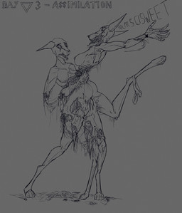 anthro assimilation big_breasts blood bodily_fluids bone breasts clothing creepy_face damage damaged_body duo exposed_bone exposed_ribs female gore gore_focus grotesque horror_(expression) horror_(theme) jawless male male/female mutated mutation nipples nude panties scar scared scary sketchy text tongue tongue_out underwear the_dark_skull goretober kinktober kinktober_2025 rotty_(the_dark_skull) canid canine canis jackal mammal 2025 absurd_res digital_media_(artwork) guide_lines hi_res sketch