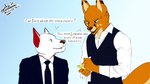 anthro black_clothing blue_eyes brown_nose clothing dialogue duo fur happy humanoid_hands male necktie notebook orange_body orange_fur pen pupils red_ears restaurant serving slit_pupils suit tan_body tan_fur teeth_showing text towel towel_on_arm waiter white_body white_clothing white_fur writing_utensil arkdoggo arkdoggo_(character) jake_(arkdoggo) berger_blanc_suisse canid canine canis domestic_dog fox herding_dog mammal pastoral_dog 16:9 english_text hi_res meme widescreen