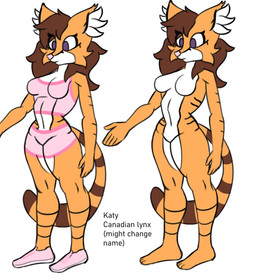 anthro bottomwear breasts brown_body brown_fur brown_hair brown_tail clothing eyelashes female fur hair markings multicolored_body multicolored_fur orange_body orange_fur orange_tail pink_clothing pink_nose purple_eyes solo tail tail_markings text topwear two_tone_body two_tone_fur two_tone_tail white_body white_fur gamesfan katty_(gamesfan) canada_lynx felid feline lynx mammal absurd_res character_name hi_res model_sheet