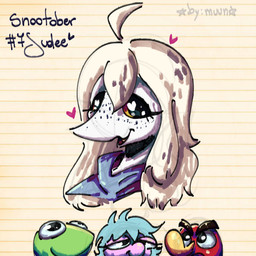 anthro biped black_eyes blonde_hair female freckled_face freckles front_view hair happy heart_symbol long_hair looking_at_viewer open_mouth open_smile pattern_background puppet simple_background smile solo striped_background text white_body yellow_sclera by:_muun cavemanon_studios puppet_pals snoot_game fan_character judee dinosaur prehistoric_species reptile saurischian scalie theropod troodon troodontid 1:1 absurd_res artist_name bust_portrait character_name colored hi_res portrait shaded