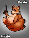 absurd_res anthro bedroom_eyes big_breasts big_butt big_ears big_tail breasts butt canid canine claws cleavage clothed clothing curvy_figure erect_nipples eyeliner eyeshadow female fox gun half-closed_eyes handgun head_tuft hi_res holding_object holding_weapon huge_breasts karen_the_fox_(mexisabine) lips lipstick looking_at_viewer makeup mammal mexisabine nails narrowed_eyes nipples pawpads pistol ranged_weapon red_fox seductive slightly_chubby solo tail thick_bottom_lip trans_(lore) trans_woman_(lore) true_fox tuft voluptuous weapon wide_hips