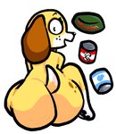 anthro anthrofied big_butt bowl butt cellulite collar container female food_bowl looking_at_viewer looking_back markings nude open_mouth pet_bowl rear_view simple_background sitting smile solo spots spotted_body tail text thick_thighs twitter_logo yellow_body lewdewott martha_speaks twitter martha_lorraine canid canine canis domestic_dog mammal english_text hi_res