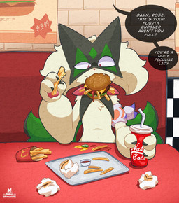 anthro burger choice_band claws container cup diner drinking_straw eating fangs female flat_chested food food_in_mouth fries fur green_body green_fur green_hair hair holding_container holding_cup holding_food holding_object navel nuka-cola offscreen_character pawpads pink_eyes restaurant solo speech_bubble teeth text razgrizdl fallout microsoft nintendo pokemon rose_(razgrizdl) felid feline generation_9_pokemon mammal meowscarada pokemon_(species) 2025 english_text hi_res signature