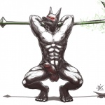 abs anthro arms_bent balls bent_legs black_body black_fur crouching egyptian erection flexing fur genitals grin hands_behind_head humanoid_genitalia humanoid_penis male melee_weapon muscular muscular_anthro muscular_male nude penis polearm pose presenting raised_arms red_eyes smile solo spread_knees staff weapon yellowpower league_of_legends riot_games tencent anubite nasus_(lol) anubian_jackal canid canine canis deity jackal mammal 1:1 pinup