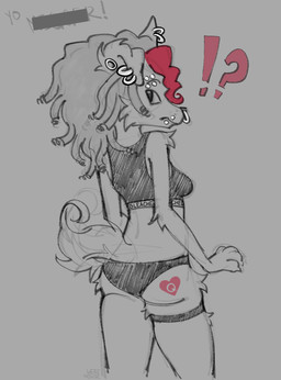 accessory anthro bleached_(kink) curled_tail curly_hair dreadlocks ear_piercing eyebrow_piercing facial_piercing female flesh_tunnel fluffy garter hair highlights_(coloring) leg_garter lip_piercing looking_at_viewer looking_back multiple_piercings nose_piercing piercing queen_of_hearts_symbol raceplay racial_slur raised_tail septum_piercing solo surprised tail werehouse lobo_(werehouse) canid canine canis domestic_dog mammal mixed_breed absurd_res hi_res sketch