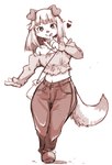 2023 anthro biped bottomwear breasts canid canine canis clothed clothing domestic_dog female floppy_ears fluffy fluffy_tail footwear full-length_portrait fully_clothed gesture heart_symbol hi_res kemono looking_at_viewer mammal midriff monochrome navel pants portrait setouchi_kurage shirt shoes shush simple_background small_breasts smile smiling_at_viewer solo standing tail topwear white_background