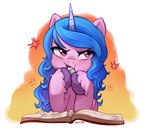 angry blue_hair book cross-popping_vein eating eating_paper female hair hooves horn purple_eyes solo marenlicious hasbro mlp_g5 my_little_pony mythology izzy_moonbow_(mlp) equid equine mammal mythological_creature mythological_equine unicorn absurd_res hi_res