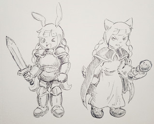 angry anthro armor armwear bare_hands boots cape clothing cosplay crossover_cosplay duo female footwear hair happy knight knight_armor mage_robe magic_user magic_wand medieval melee_weapon middle_ages one_eye_closed robe rod shoes smile sword warrior weapon wink pikapika212 bemani konami live_a_live pop'n_music square_enix mimi_(pop'n_music) nyami_(pop'n_music) oersted streibough domestic_cat felid feline felis lagomorph leporid mammal rabbit absurd_res crossover hi_res