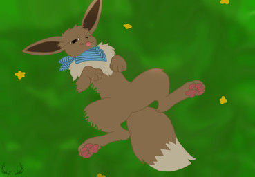 ambiguous_gender black_nose blep blue_clothing blue_kerchief brown_body brown_eyes brown_fur clothing feral flower fur grass inner_thigh kerchief looking_at_viewer lying narrowed_eyes on_back one_eye_closed pawpads pink_pawpads plant sam_(eevee) solo spread_legs spreading stripes tan_body tan_fur tongue tongue_out wink yellow_flower mettdesign_(artist) nintendo pokemon eevee generation_1_pokemon pokemon_(species)