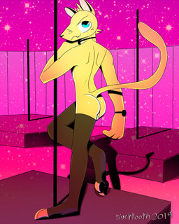 3_toes anthro backsack balls blush bow_(feature) bow_tie butt clock clothing feet fur genitals inside legwear looking_at_viewer male pawpads paws pole pose raised_tail smile solo stockings strip_club stripper stripper_pole suggestive tail toes watch window tigertooth cougar domestic_cat felid feline felis mammal 2019 digital_media_(artwork) hi_res
