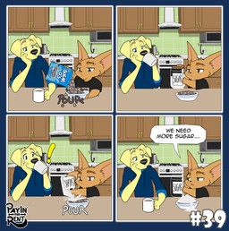 anthro cereal dialogue drinking duo food humor kitchen male sitting speech_bubble sugar text ariesartist ben_(ariesartist) roger_(ariesartist) bird_dog canid canine canis domestic_dog fennec_fox fox hunting_dog labrador mammal retriever true_fox alpha_channel comic english_text hi_res