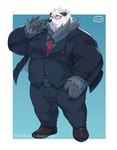 anthro black_body black_nose bottomwear clothing cute_fangs eyewear fangs glasses kemono male musclegut muscular necktie overweight overweight_male pants shirt simple_background solo teeth topwear white_body o-ro nintendo pokemon generation_6_pokemon pangoro pokemon_(species) 2024 hi_res