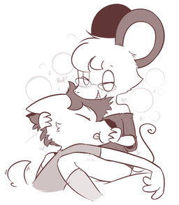 anthro bottomless bubble canon_x_oc clothed clothing couples cuddling duo eyes_closed eyewear female footwear glasses head_on_chest heart_symbol male male/female petting romantic shirt socks sweater t-shirt tongue tongue_out topwear theartmanor pandemonium_wizard_village chow_(theartmanor) molte canid canine mammal murid murine rodent digital_drawing_(artwork) digital_media_(artwork) hi_res