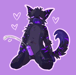 ahegao anthro balls bedroom_eyes black_body black_fur bodily_fluids cum ejaculation erection front_view fur genital_fluids genitals hands-free hands_on_ground heart_symbol humanoid_genitalia humanoid_penis kneeling looking_pleasured looking_up male narrowed_eyes nipples nude penis purple_eyes purple_inner_ear purple_mouth purple_nipples purple_nose purple_penis raised_tail seductive simple_background solo tail teeth text chemicalcreature domestic_cat felid feline felis mammal 2025 artist_name colored digital_media_(artwork) shaded signature watermark