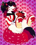 colorful_background emo_haircut facial_piercing feral fluffy fluffy_tail food fruit horn markings nose_piercing pawpads paws piercing plant red_pawpads septum_piercing solo sparklefur sparkles sparkling_eyes strawberry striped_markings stripes tail chowmalgamation canid canine canis domestic_dog mammal hi_res