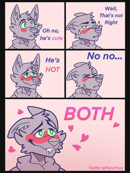 ambiguous_gender anthro bedroom_eyes biped blush bodily_fluids cheek_tuft clothing dialogue drooling ears_back ears_up eyes_closed facial_tuft fur green_eyes half-closed_eyes head_tuft heart_eyes heart_symbol inner_ear_fluff looking_forward looking_pleasured narrowed_eyes offscreen_character pivoted_ears saliva seductive simple_background snout solo surprised sweat text three-quarter_view topwear tuft fizzyfoxy canid canine mammal 2019 comic compression_artifacts digital_media_(artwork) english_text hi_res partially_colored