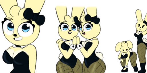 anthro arm_around_shoulders bent_over big_breasts blue_eyes bow_tie breasts bunny_costume cleavage clone clothed clothing collar costume cuffs_(clothing) duo eyelashes female fishnet_clothing fishnet_legwear fluffy fluffy_tail fur grabbing_object hand_holding legwear long_ears looking_at_viewer nylon simple_background smile stretching tail thick_thighs white_background white_body white_fur wide_hips yellow_body yellow_fur guak amy_hope_(guak) lagomorph leporid mammal rabbit absurd_res hi_res