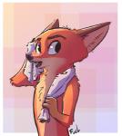 anthro border chest_tuft drying drying_fur fur male nude open_mouth ruffled_fur simple_background solo towel towel_around_neck tuft white_border fuel_(artist) disney zootopia nick_wilde canid canine fox mammal red_fox true_fox 2017 signature