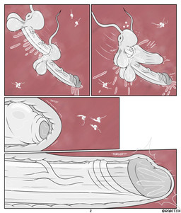 4_panel_comic ambiguous_fluids anal anal_penetration anus balls big_balls big_penis black_outline duo_focus erection foreskin genitals glans grey_glans group heart_symbol huge_penis hyper hyper_genitalia hyper_penis long_tail male male/male monotone_body motion_lines outline page_number penetration penis retracted_foreskin sperm_cell tail text thrusting twitching vein veiny_penis white_balls white_body white_penis white_tail r0b0t cell_(organism) living_sperm 2025 artist_name comic digital_drawing_(artwork) digital_media_(artwork) hi_res url