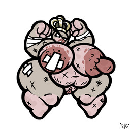 anthro areola bandage big_areola big_breasts big_nipples breasts clitoris countershading crown erect_nipples eyebrows eyelashes female fist flexing fur genitals grey_body grey_fur headgear huge_areola huge_breasts huge_nipples huge_thighs lips montgomery_glands nipple_bandage nipples overweight overweight_female shortstack simple_background solo tan_body tan_countershading tan_fur thick_eyebrows thick_lips thick_thighs unibrow vulva white_background filthyskull mewgenics queen_hippo_(mewgenics) domestic_cat felid feline felis mammal 1:1 2026 digital_media_(artwork) hi_res