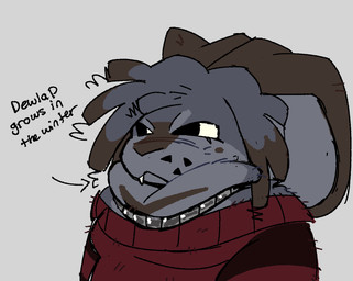 ambiguous_gender anthro big_ears clothing dewlap_(anatomy) dipstick_hair fangs floppy_ears fur grey_body grey_fur hair narrowed_eyes short_hair simple_background slightly_chubby solo sweater teeth text topwear whisker_spots cabbitdork unnamed_character lagomorph mammal bust_portrait digital_drawing_(artwork) digital_media_(artwork) english_text hi_res portrait