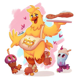 4_fingers abstract_background anthro apron beak beverage breasts clothing cupcake eyelashes eyeshadow feathers female fingers food genitals group heart_symbol makeup milkshake motion_lines open_mouth open_smile pizza plump_labia red_eyes roller_skates smile tail tail_feathers text trio vulva yellow_body yellow_feathers mandyfoxy five_nights_at_freddy's five_nights_at_freddy's:_secret_of_the_mimic scottgames cupcake_(fnaf) ms._shake_(fnaf) party_time_chica_(fnaf) animate_inanimate avian bird chicken food_creature galliform gallus_(genus) humanoid living_cupcake phasianid 2025 artist_name digital_drawing_(artwork) digital_media_(artwork) hi_res signature
