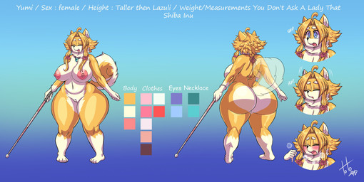 4_toes 5_fingers accessory ahoge anthro belly big_breasts big_butt biped blind blonde_hair blue_background blue_eyes blush breasts breath butt butt_heart cane color_swatch curvy_figure deep_navel disability eyelashes eyes_closed fangs feet female fingers front_view fur genitals gradient_background hair hair_accessory jewelry long_hair multicolored_body multicolored_fur multicolored_tail navel neck_tuft necklace nipples nude open_mouth rear_view shrine_maiden simple_background slightly_chubby smile solo staff standing tail teal_background teeth text thick_thighs toes tuft voluptuous vulva white_body white_cane white_fur white_tail white_text wide_hips yellow_body yellow_fur yellow_tail toto_draw yumi_(doggod.va) canid canine canis domestic_dog mammal shiba_inu spitz 2019 absurd_res cel_shading digital_media_(artwork) english_text hi_res model_sheet shaded